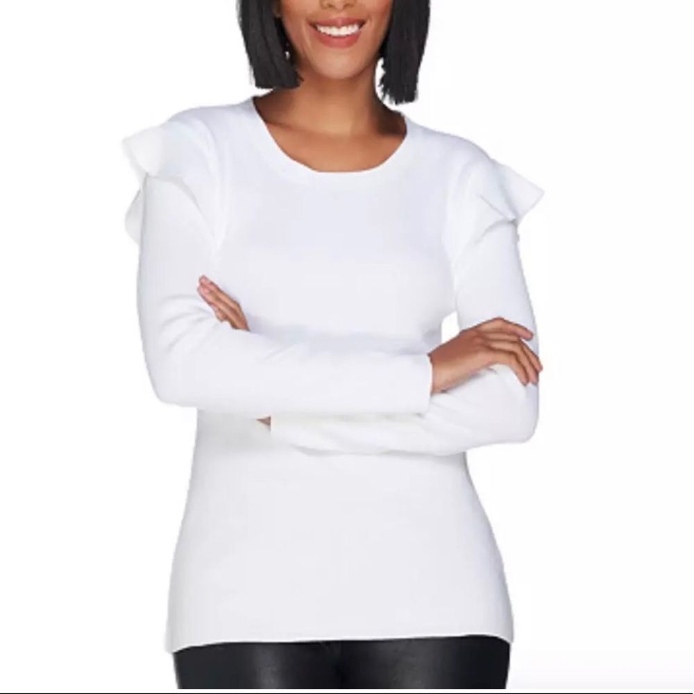 Du Jour Ruffle Shoulder Rib Knit Sweater